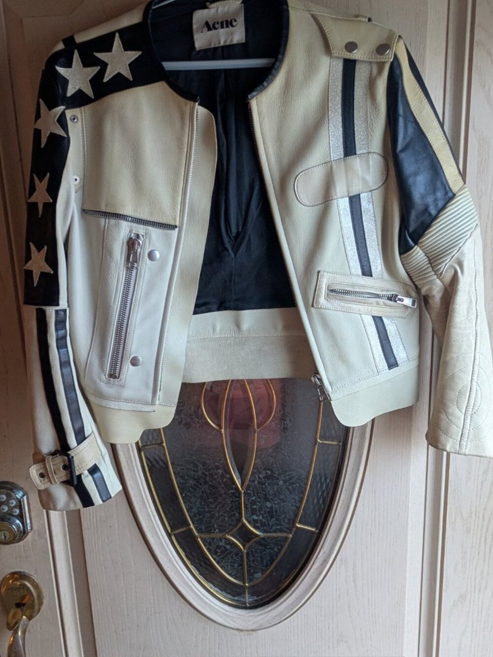 Acne Studios White Leather Star Racer Jacket, Size M